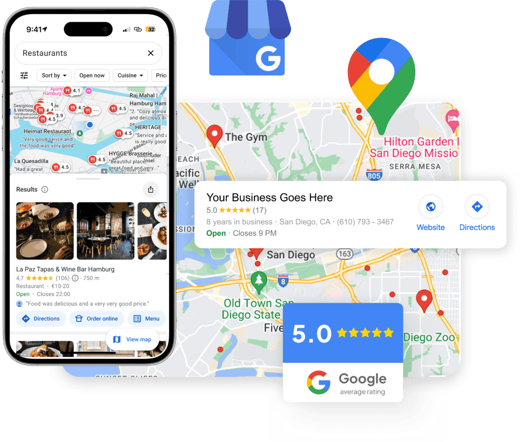 A visual representation of GMB Optimization showing a business profile on Google Maps and a phone with local search results.